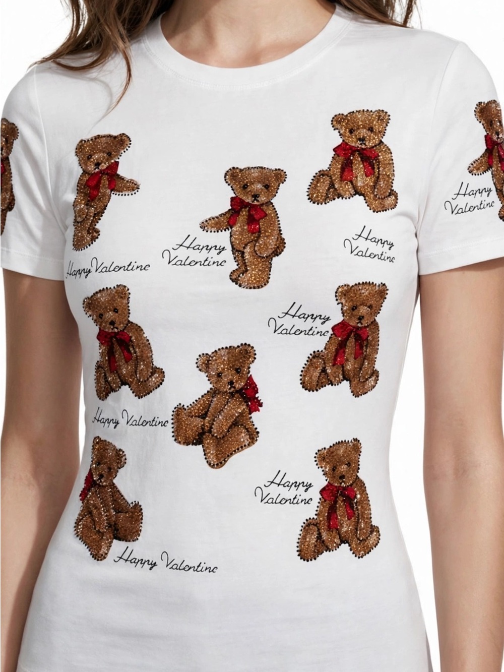 White Teddy Print Short Sleeve Tee - Happy Valentine
